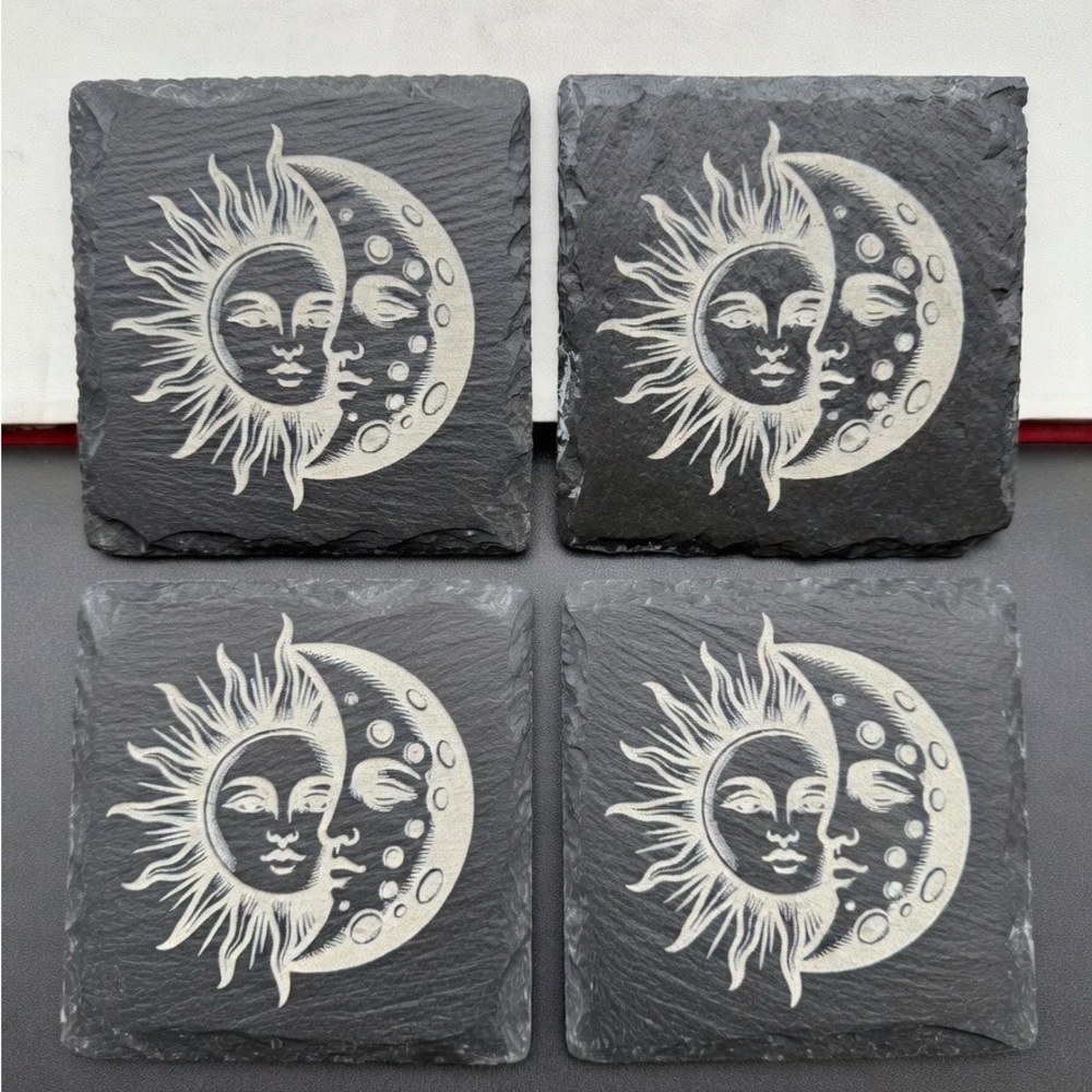 Sun and Moon Slate Coasters - Black and White Set of 4 Laser‎ Engraved Celestial